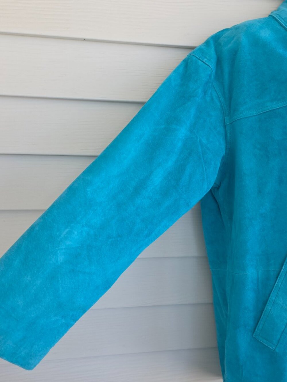 Vintage 90s/ Y2K NWT Atelier by B thomas washable suede leather jacket aqua blue - Picture 6 of 13